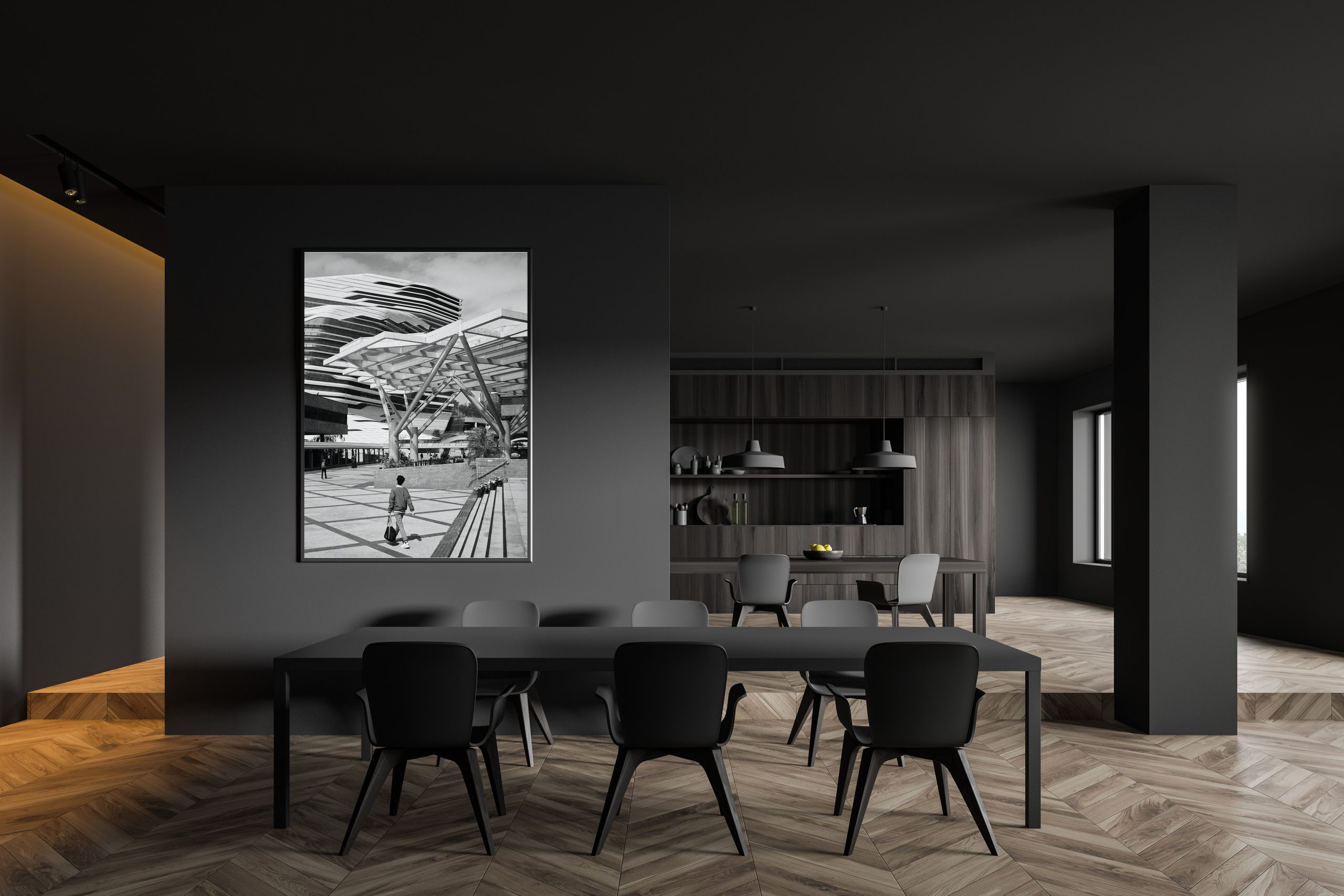 Gray dining room and kitchen with poster