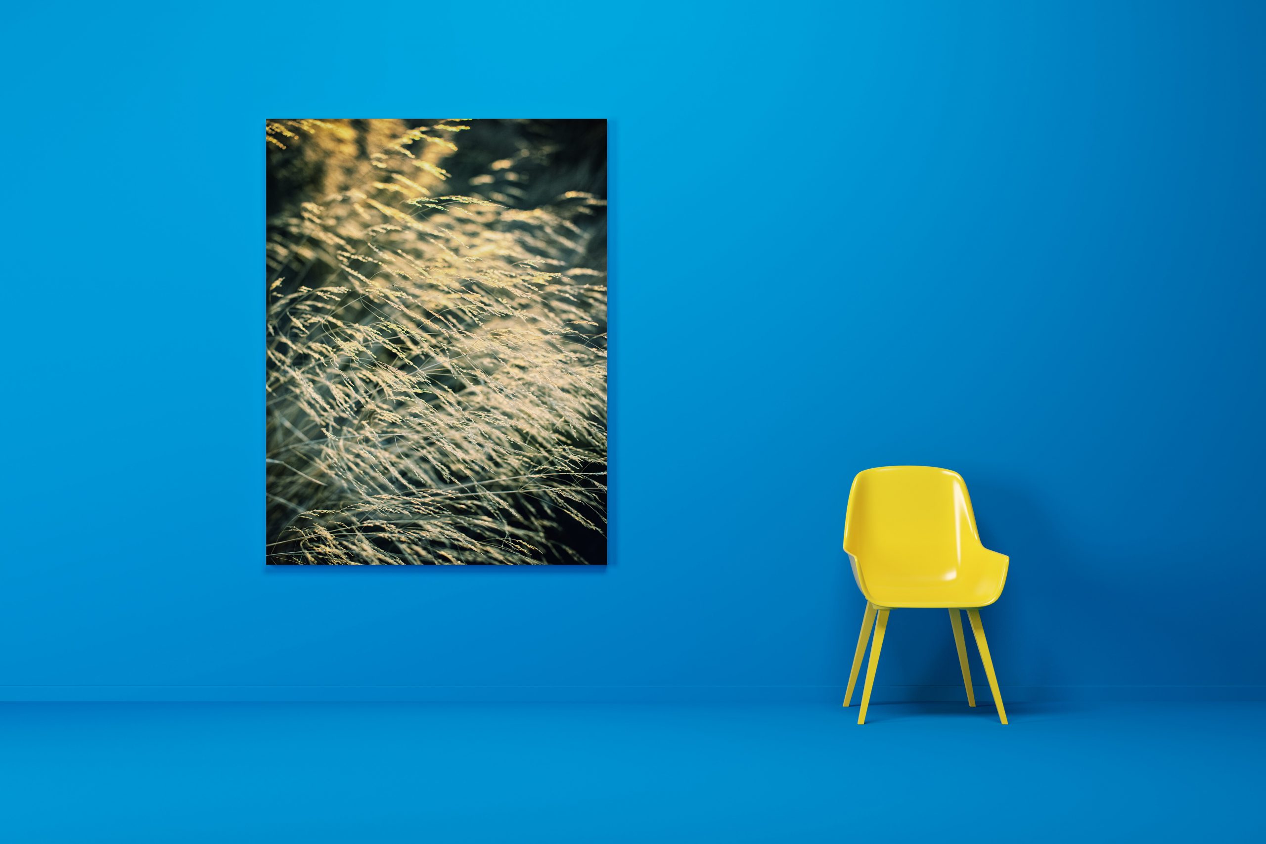 Blue room, yellow chair, poster