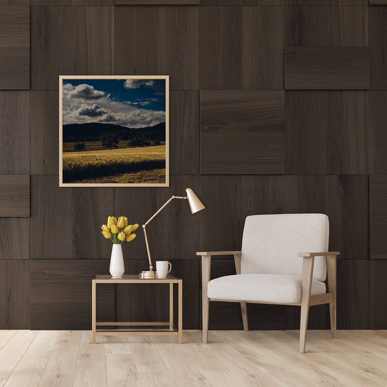Living room, dark wood, poster
